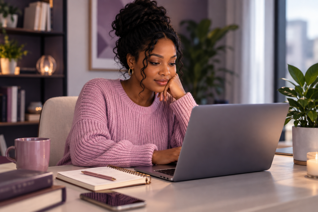Woman learning about AI using a laptop.