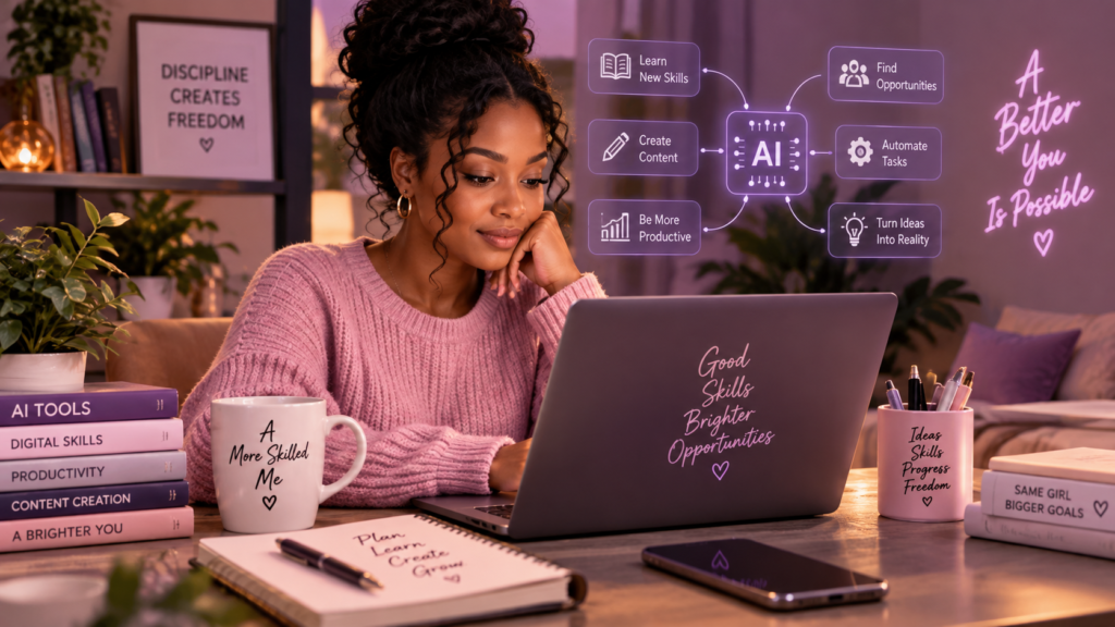 Woman using a laptop to learn digital skills with AI